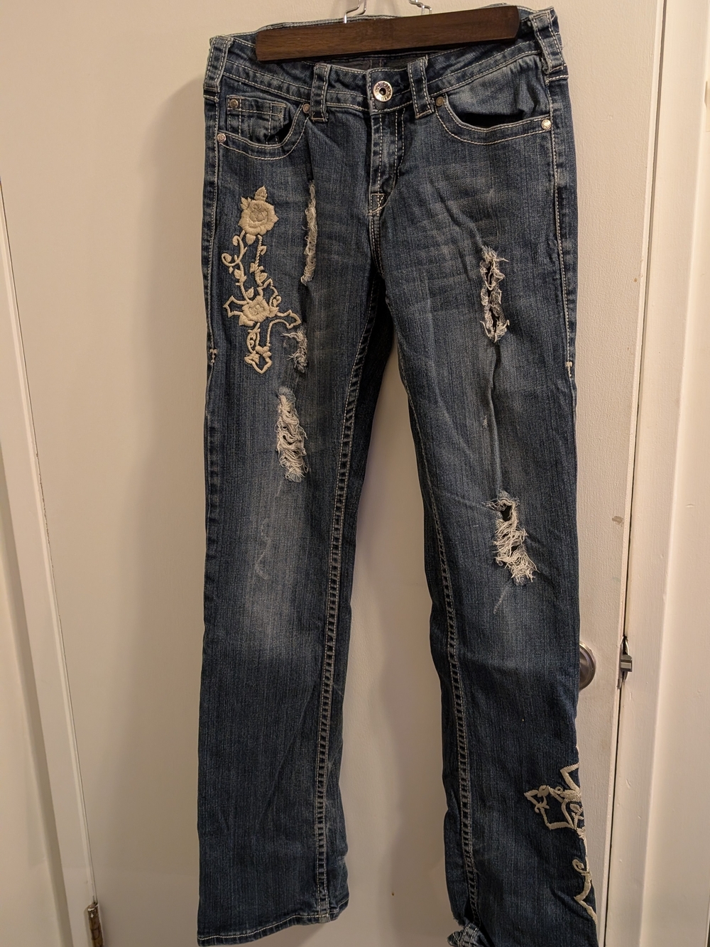Cowgirl Tuff Distressed Embroidered Dark Blue Bootcut Jeans